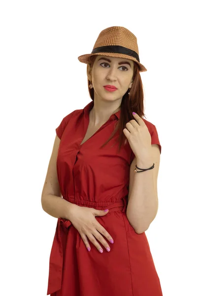 Porträtt Poserar Flickan Hatt Och Röd Klänning — Stockfoto