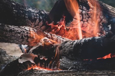 Yanan ateş günlüklerinde görüntüsü. Alev yanan ateş. Görüntü renk tonlama bulunuyor. 