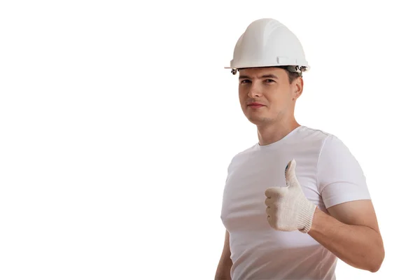 Homem Com Capacete Uma Camiseta Mostra Uma Mão Que Tudo — Fotografia de Stock