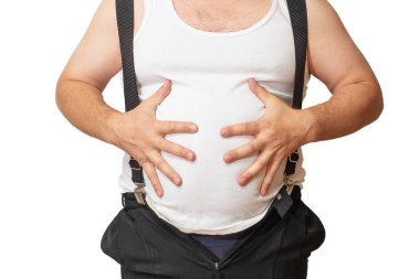A man with a big belly shows his size with his hands. A man's big belly, as if to say it's time to lose weight. A man embraces his big belly. clipart