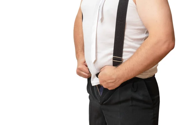 Homme Avec Gros Ventre Essaie Attacher Son Pantalon Gros Ventre — Photo