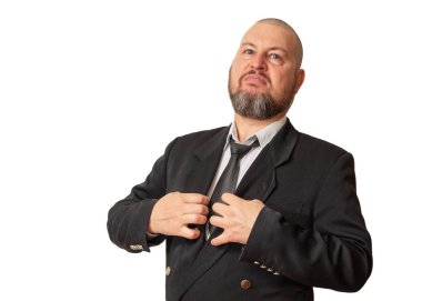 Adam bir ceket kravat ve sakalı ile mağrur ve gururlu bir bak.