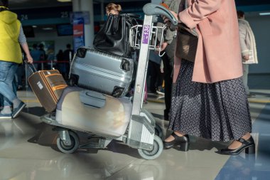 Vladivostok, Rusya Federasyonu - 26 Eylül 2018: Vladivostok Havaalanı'nda bir uçuş yolcu bagaj ile devam.