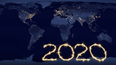 2020 text on world map at night clipart