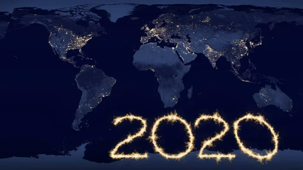 Texto 2020 en el mapa mundial por la noche — Foto de Stock