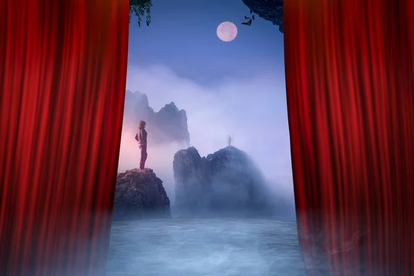 Theater performance with a red curtain opening — Stock Photo, Image