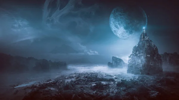 抽象的なエイリアンの風景とネオンブルーの光の月明かりと未来的な夜のポスト黙示録的なシナリオ — ストック写真