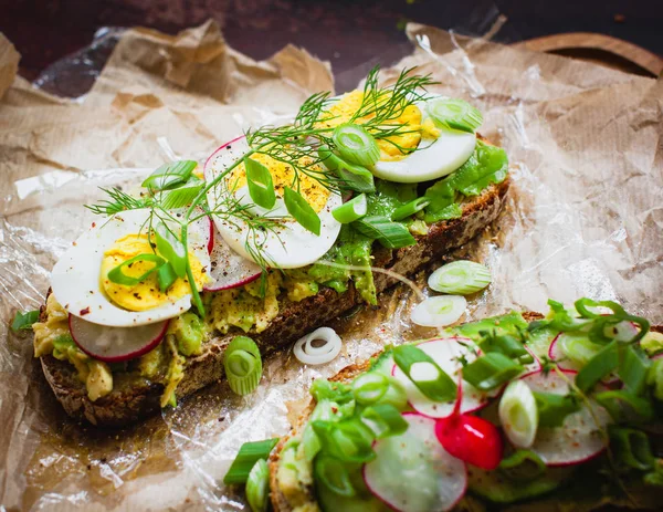 Vegan Vegetarian Sandwiches Avocado Eggs Radish Cucumber Spring Onions Selective — Stock Photo, Image