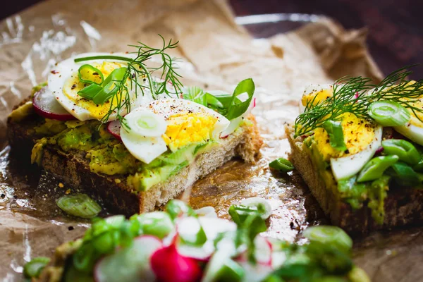 Avokado Yumurta Turp Salatalık Bahar Soğan Ile Vegan Vejetaryen Sandviçler — Stok fotoğraf