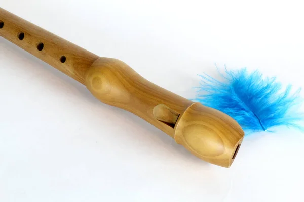 Wooden Flute Light Background Blue Feather — Stock Photo, Image