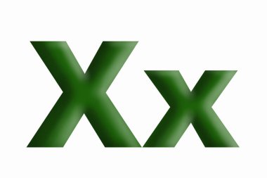 X alfabesinin harfi, hacimli harf, çimenli yeşil, büyük ve küçük.