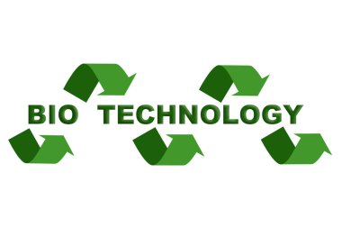 Biyoteknoloji. Yeşil fırtınalar tarafından çerçevelenmiş beyaz bir arkaplan üzerinde yeşil harflerle metin.