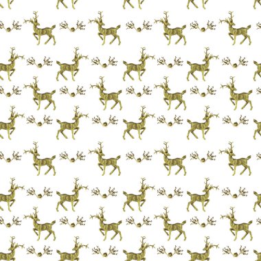 Kusursuz bir desen, altın bir Noel geyiği ve beyaz arka planda taşaklı altın bir dal..