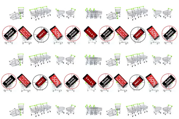 Collage Photos Hypermarket Trolleys Empty Trolleys Trolleys Advertising Discounts Sales — Stock Photo, Image