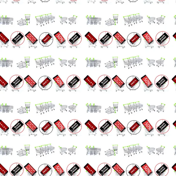 Seamless Pattern Hypermarket Baskets Empty Discounts Sales Black Friday Christmas — Stock Photo, Image