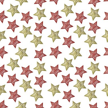 Beyaz arka planda desenleri olan kusursuz bir altın ve kırmızı yıldız deseni. .
