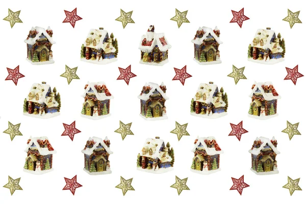 圣诞贺卡 由白底白雪覆盖的房子和五彩斑斓的星星做成 — 图库照片