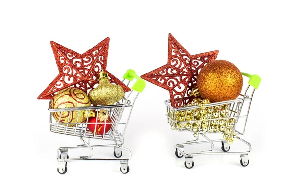 Slavnostní Dekorace Vánoce Nový Rok Hypermarketu Vozíky Jsou Vyrobeny Bílém — Stock fotografie