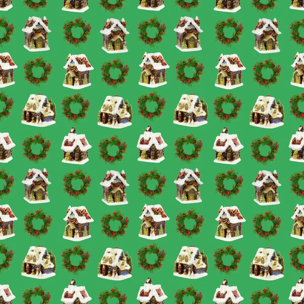 Seamless Pattern Christmas Houses Wreaths Spruce Branches Light Green Background — Stock Photo, Image