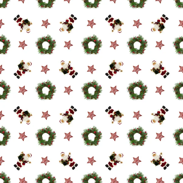 Ein Nahtloses Muster Ein Weihnachtsmuster Aus Nikolausfiguren Und Ein Kranz — Stockfoto