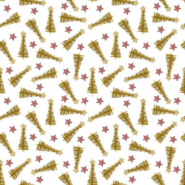 Бесшовный Узор Декоративных Золотых Елок Красных Звезд Хаотично Расположенных Белом — стоковое фото