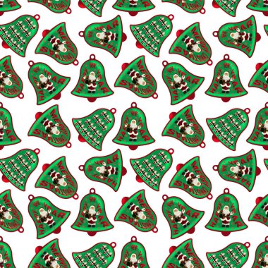 Noel Baba figürleriyle kusursuz bir çan deseni. Mutlu Noeller ve yeni yıl dilekleri..