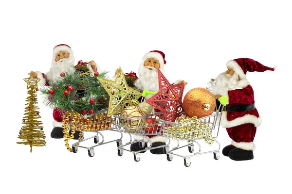 Три Санта Клауса Корзинами Полными Рождественских Украшений Подарков Белом Фоне — стоковое фото