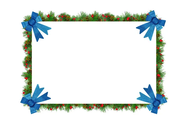 Frame Spruce Branches Blue Bows Corners Frame — Stock Photo, Image