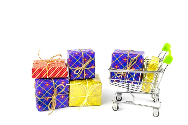 Boxes Gifts Bright Packaging Shopping Cart Preparation Holidays Shopping — Stock Photo, Image