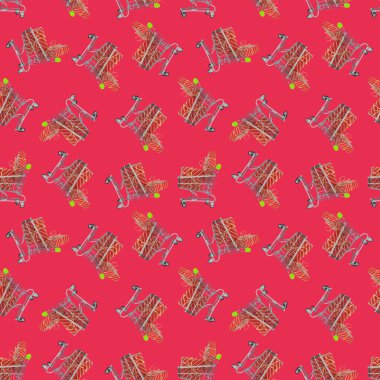 Kusursuz desen, şenlikli paketlerde kutular alışveriş arabalarında yatıyor, kırmızı ambalaj ve kırmızı arkaplan.