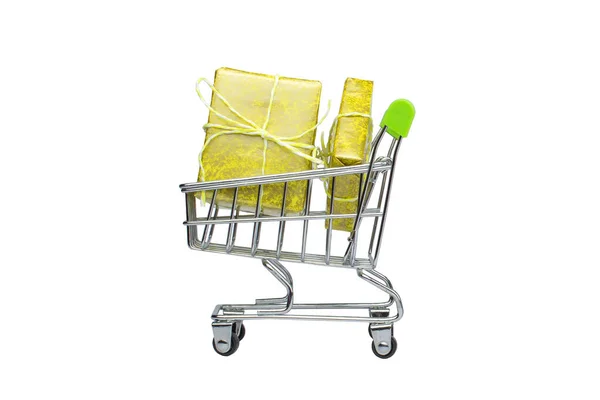 Boxes Gifts Bright Packaging Shopping Cart Preparation Holidays Shopping — Stock Photo, Image