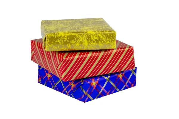 Três Caixas Multicoloridas Com Presentes Fundo Branco — Fotografia de Stock