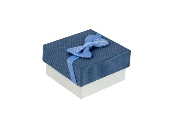 Cardboard Gift Box Dark Blue Lid Blue Bow — Stock Photo, Image
