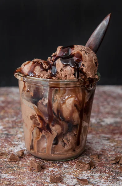 Chocolate Ice Cream Chocolate Sauce Glass Jar — Stock Photo, Image