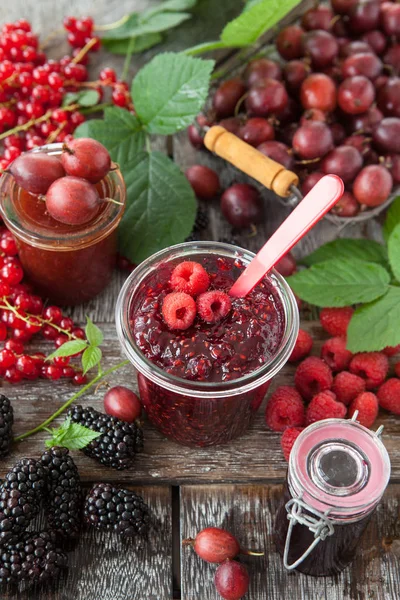 Jars Homemade Jams Made Fresh Berries — Stock Photo, Image