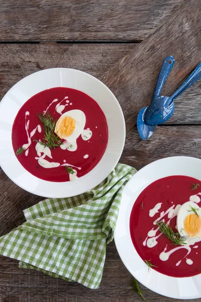 Sopa Casera Remolacha Roja Con Eneldo Nata Fresca — Foto de Stock