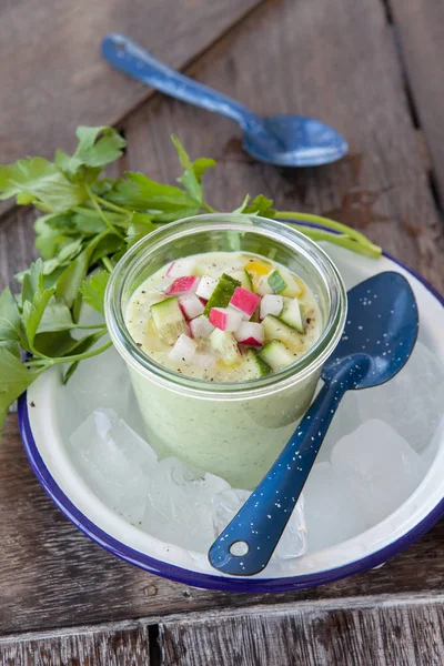 Sopa Pepino Helado Refrescante Con Rábano Fresco Aceite Oliva — Foto de Stock