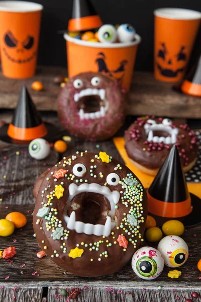 Scary Halloween Donuts Chocolate Frosting Sugar Sprinkles — Stock Photo, Image