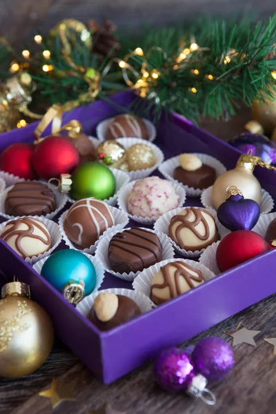 Box Chocolates Colorful Baubles Merry Christmas — Stock Photo, Image