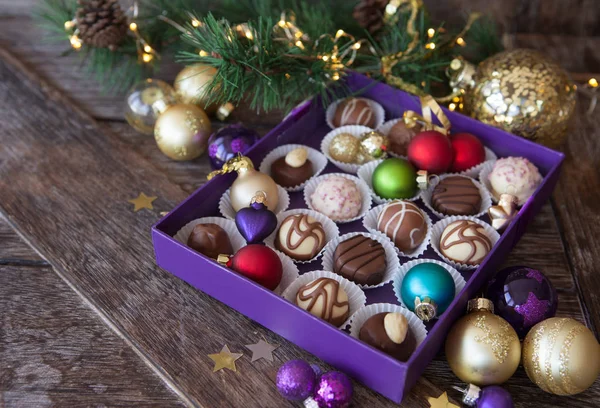 Box Chocolates Colorful Baubles Merry Christmas — Stock Photo, Image