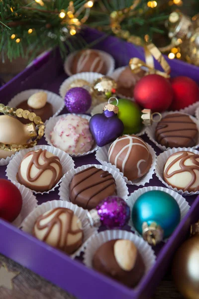 Box Chocolates Colorful Baubles Merry Christmas — Stock Photo, Image