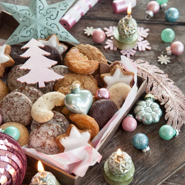 Variety Christmas Cookies Festive Holidays Decorations — Stock Photo, Image