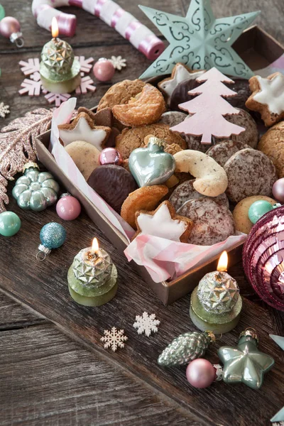 Variety Christmas Cookies Festive Holidays Decorations — Stock Photo, Image