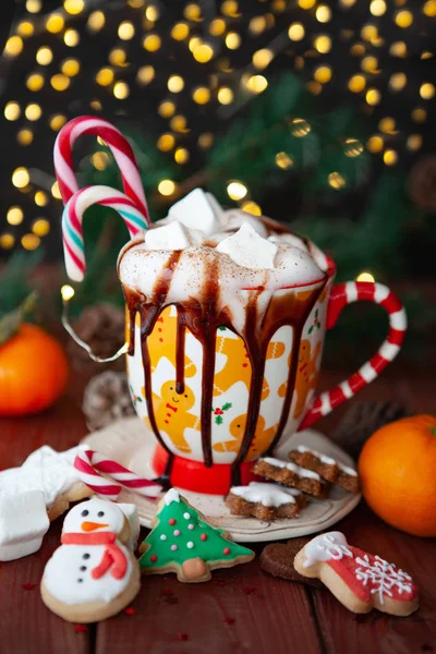 Festive Christmas Mug Hot Chocolate Marshmallows Whipped Cream — Stock Photo, Image