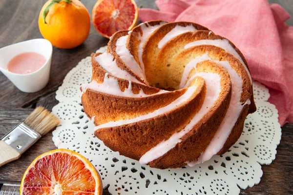 Yummy Bundt Cake Blood Oranges Pink Frosting — Stock Photo, Image