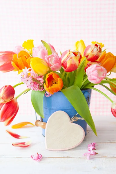Bunch Fresh Colorful Tulips Little Heart — Stock Photo, Image