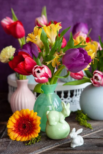Цветные Тюльпаны Весной Фиолетовом Фоне — стоковое фото