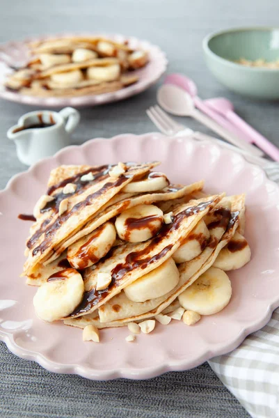 Delicious pancakes with fresh banana — Stock Photo, Image