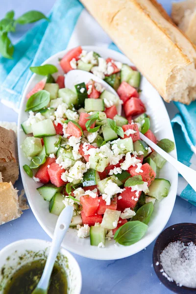 Fresh water melon salad with cucumber and feta cheese