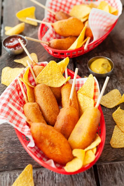 Corn Dogs Little Deep Fried Sausages Sticks — Stock Photo, Image